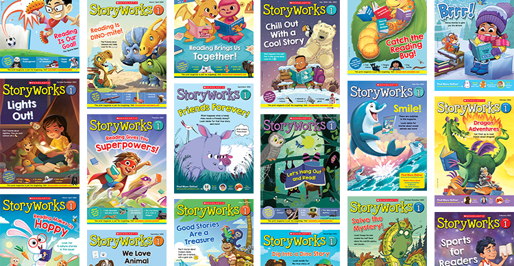 Collage of Storyworks 1 magazine covers with colorful illustrated characters and reading themes