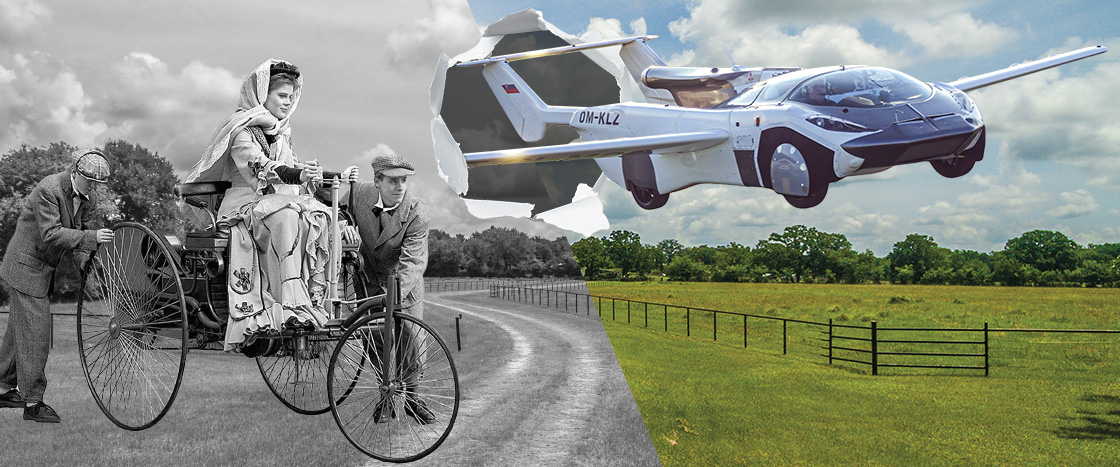 Black & white image of people on first Motorwagen but transitioning into color image of flying car