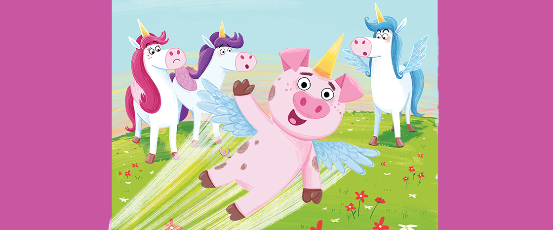 Illustration of a pig flying with wings and three unicorns looking on
