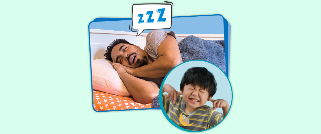 Image of a father snoring in their sleep and son putting fingers in his ears to stop sound