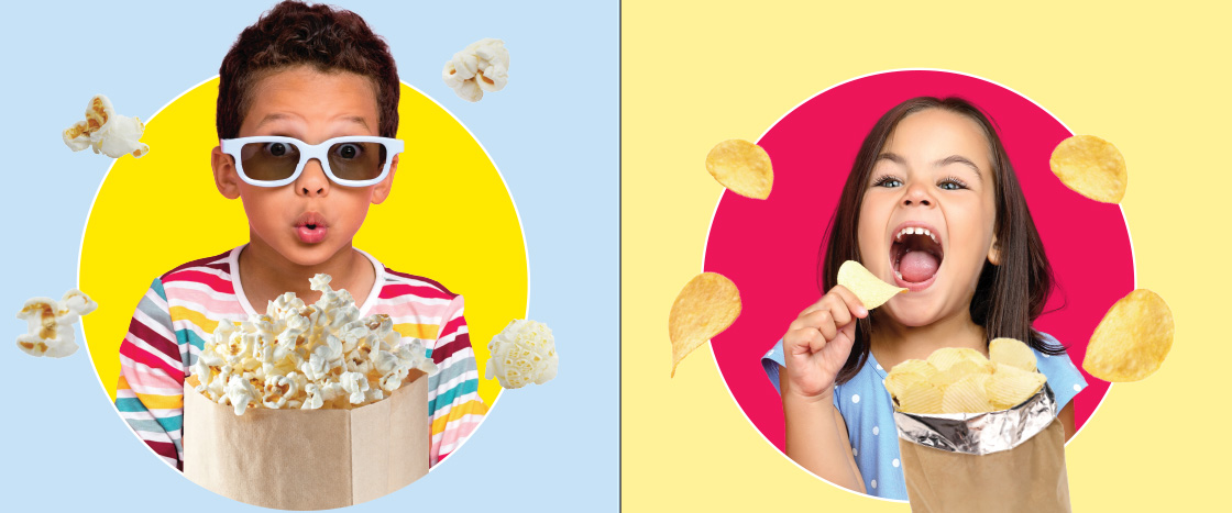 Two images: one of a kid with popcorn and the other of a kid with potato chips