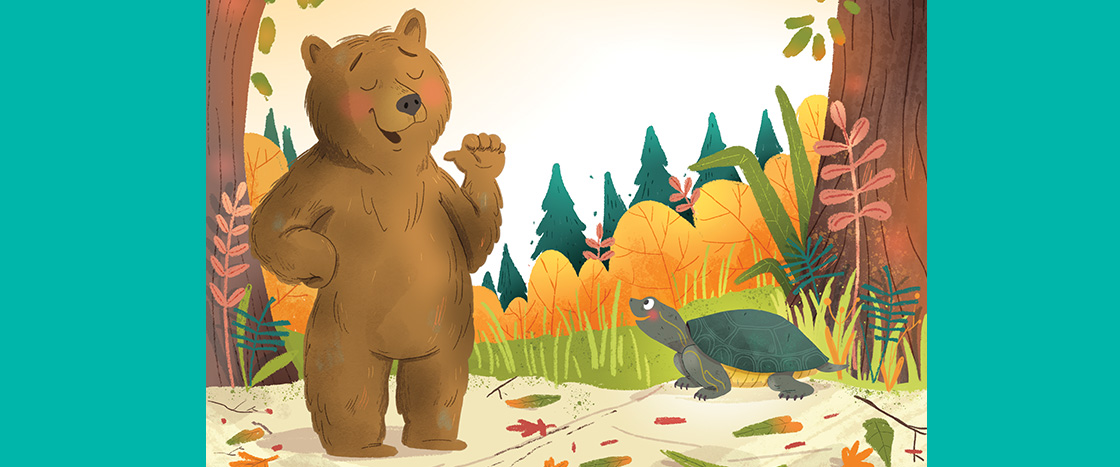 Illustration of a bear and a turtle talking in a forest