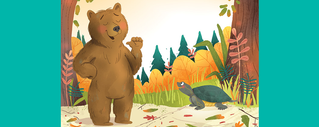 Illustration of a bear and a turtle talking in a forest