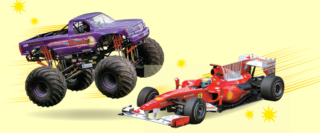 Image of a purple monster truck next to a red sports car