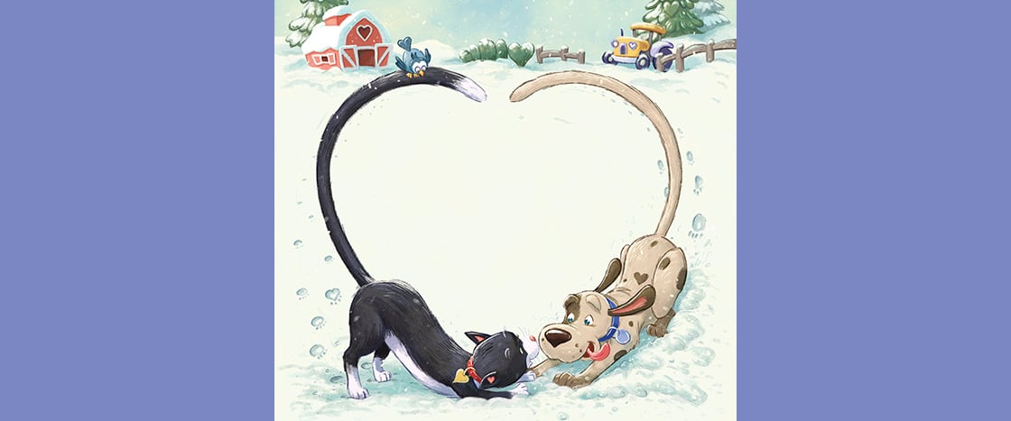 Illustration of dog and cat playing in the snow with their tails forming a heart