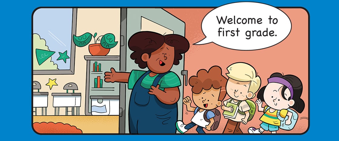 Illustration of teachers welcoming students to first grade