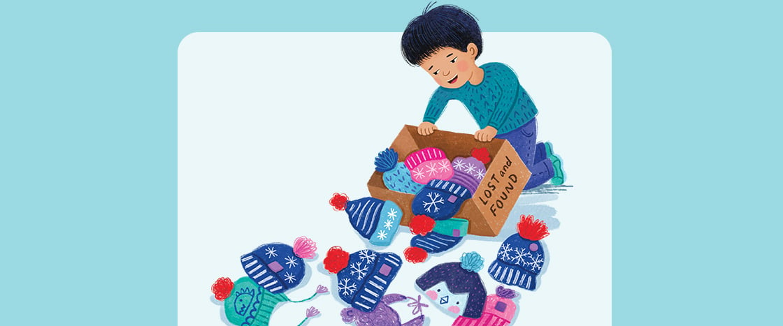 Illustration of student sorting through a Lost & Found for hats