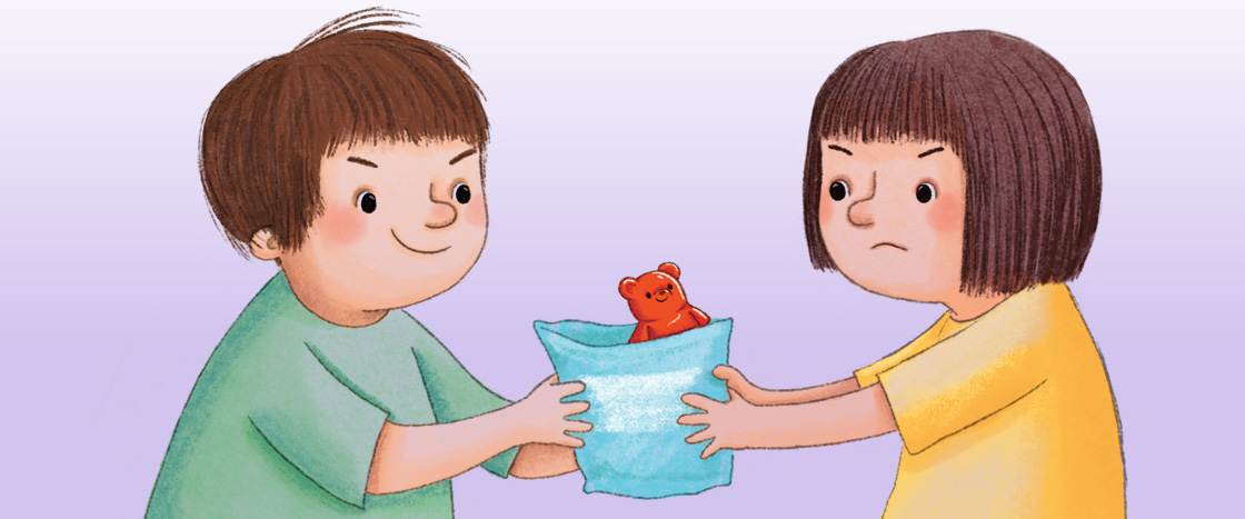 Illustration of siblings fighting over the last gummy bear