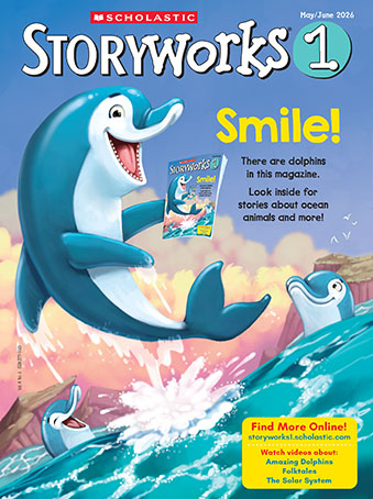 Cover of Storyworks 1, with a smiling dolphin jumping out of ocean waves