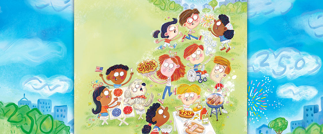 Children gather for a picnic on a grassy hill with food, games, and fireworks