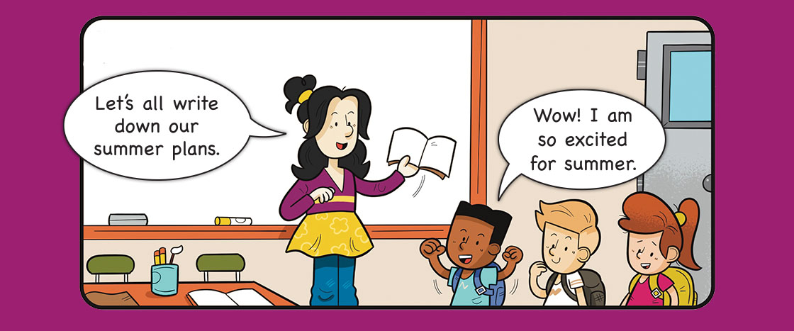 A teacher holds a book while three students with backpacks smile excitedly in a classroom