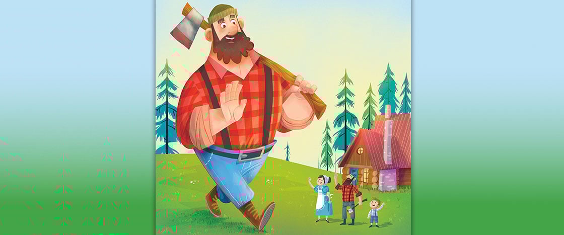 A giant lumberjack in a red plaid shirt carries an axe, towering over tiny people and a cabin