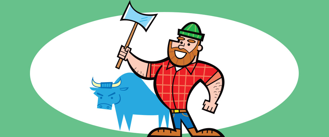 Illustration of a lumberjack in a red plaid shirt holding an axe, standing next to a blue ox